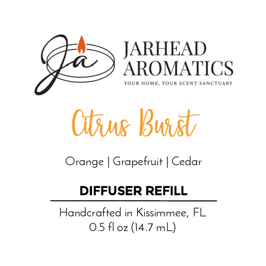 Jarhead Aromatics Citrus Burst - Cold Air Diffuser Refill features orange, grapefruit, and cedar oils. Handcrafted in Kissimmee, FL. 0.5 fl oz (14.7 mL). Invigorate your space with this vibrant fragrance oil blend.