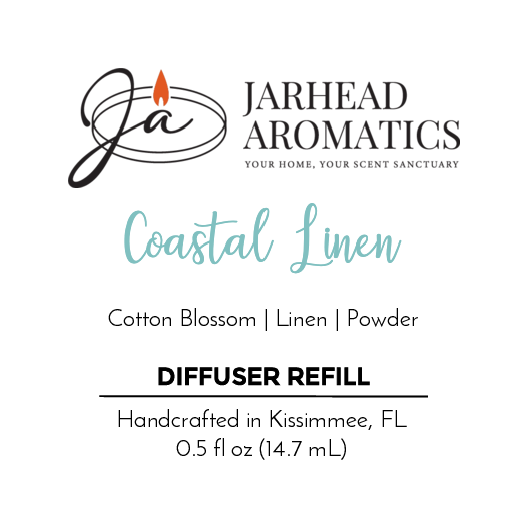 Jarhead Aromatics Coastal Linen - Cold Air Diffuser Refill features fresh linen, cotton blossom, and powder scents for a coastal vibe. Handcrafted in Kissimmee, FL. 0.5 fl oz (14.7 mL).