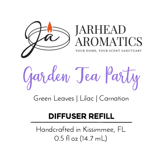 Jarhead Aromatics Garden Tea Party - Cold Air Diffuser Refill blends green leaves, lilac, carnation, and fresh apple. Handcrafted in Kissimmee, FL with essential oils. 0.5 fl oz (14.7 mL).
