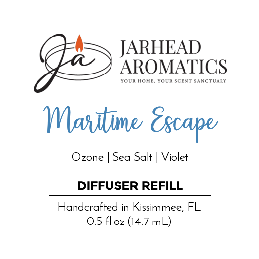 Jarhead Aromatics Maritime Escape Cold Air Diffuser Refill—ozone, sea salt, and violet fragrance with natural essential oils. Handcrafted in Kissimmee, FL. 0.5 fl oz (14.7 mL).
