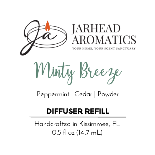 Jarhead Aromatics Minty Breeze - Cold Air Diffuser Refill label with peppermint, eucalyptus, cedar & powder notes, a candle flame logo, and details: handcrafted in Kissimmee, FL, 0.5 fl oz.