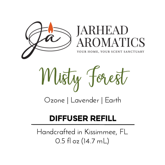 Jarhead Aromatics Misty Forest - Cold Air Diffuser Refill, 0.5 fl oz (14.7 mL). Scent notes: Ozone, Lavender, Earth with essential oils. Handcrafted in Kissimmee, FL.