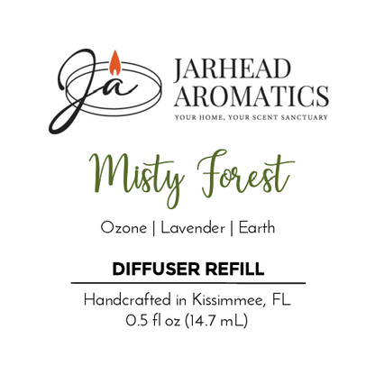 Jarhead Aromatics Misty Forest - Cold Air Diffuser Refill, 0.5 fl oz (14.7 mL). Scent notes: Ozone, Lavender, Earth with essential oils. Handcrafted in Kissimmee, FL.
