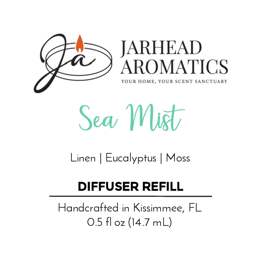 Jarhead Aromatics Sea Mist - Cold Air Diffuser Refill: Linen, eucalyptus & moss with essential oils for a luxury scent. Handcrafted in Kissimmee, FL. 0.5 fl oz (14.7 mL). Logo with flame included.