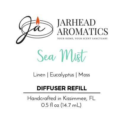 Jarhead Aromatics Sea Mist - Cold Air Diffuser Refill: Linen, eucalyptus & moss with essential oils for a luxury scent. Handcrafted in Kissimmee, FL. 0.5 fl oz (14.7 mL). Logo with flame included.