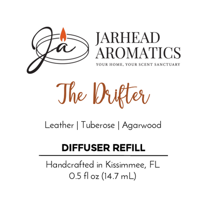 Product label for The Drifter - Cold Air Diffuser Refill by Jarhead Aromatics, featuring rugged leather, tuberose, and agarwood notes. Includes logo, 0.5 fl oz size, and states its handcrafted in Kissimmee, FL.