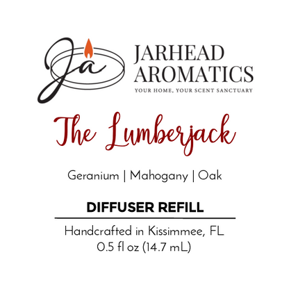Jarhead Aromatics label for The Lumberjack - Cold Air Diffuser Refill, an earthy cedar and oak blend with lavender and geranium; handcrafted in Kissimmee, FL, 0.5 fl oz (14.7 mL). Logo and candle graphic at the top.