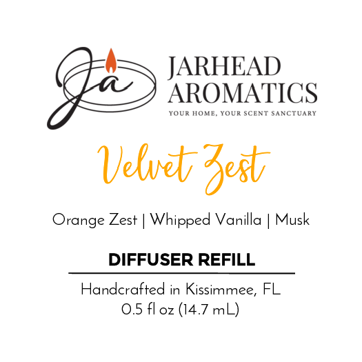 Jarhead Aromatics Velvet Zest - Cold Air Diffuser Refill label, inspired by citrus groves with notes of orange zest, whipped vanilla, and musk. Handcrafted in Kissimmee, FL. 0.5 fl oz (14.7 mL).
