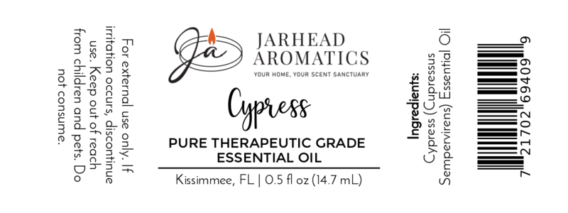 Label for Jarhead Aromatics Cypress Pure Therapeutic-Grade Essential Oil (0.5 fl oz), perfect for aromatherapy and skincare. Features usage warnings, cypress essential oil as the ingredient, and a barcode on a white background.