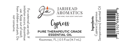 Label for Jarhead Aromatics Cypress Pure Therapeutic-Grade Essential Oil (0.5 fl oz), perfect for aromatherapy and skincare. Features usage warnings, cypress essential oil as the ingredient, and a barcode on a white background.