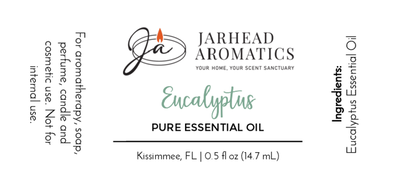 Label for Jarhead Aromatics Eucalyptus - Pure Essential Oil, 0.5 fl oz. Ideal for aromatherapy and skincare. Features usage instructions, ingredients list, decorative text, and logo at the top. Made in Kissimmee, FL.