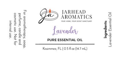 A product label for Jarhead Aromatics Lavender - Pure Essential Oil, 0.5 fl oz (14.7 mL), ideal for aromatherapy and skincare, features usage instructions on the left and Lavender Essential Oil as the ingredient on the right.