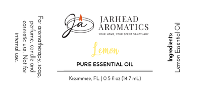 Jarhead Aromatics Lemon - Pure Essential Oil, 0.5 fl oz (14.7 mL), for aromatherapy and skincare. Includes usage instructions, ingredient: lemon essential oil. Made in Kissimmee, FL.