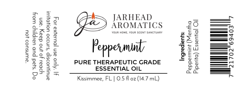 Label for Jarhead Aromatics Peppermint Pure Therapeutic-Grade Essential Oil, 0.5 fl oz. Aromatherapy use. Includes directions, ingredients, barcode, and product info in black text on a white background.