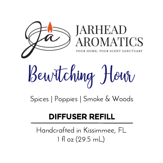 Jarhead Aromatics Bewitching Hour Car Diffuser Refill—Halloween Collection. Enjoy spice, poppy, floral & wood scents. Handcrafted in Kissimmee, FL. 1 fl oz (29.5 mL). Logo with candle flame featured on label.