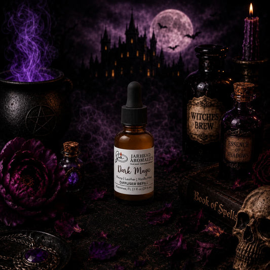 A bottle of Jarhead Aromatics’ Dark Magic Car Diffuser Refill—featuring notes of peach, plum, dark florals, and vanilla musk—is nestled among gothic decor like a Book of Spells, potion bottles, purple flowers, and candles. In the background looms a shadowy castle beneath a moonlit sky, enhancing the mysterious allure of this enchanting car fragrance and making it a captivating choice for your next diffuser refill.