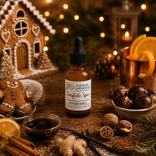 A dropper bottle labeled Jarhead Aromatics Fairytale Spice Car Diffuser Refill | Gingerbread, Molasses & Warm Spice rests on a wooden table surrounded by spices, gingerbread cookies, orange slices, and a gingerbread house. Warm holiday lights glow in the background, as the inviting Christmas scent of gingerbread, molasses, and warm spice fills the air with cozy bakery aromas.
