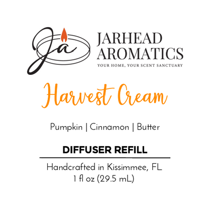 Jarhead Aromatics Harvest Cream Car Diffuser Refill—Fall Collection. Enjoy a pumpkin spice, cinnamon, and butter scent crafted with essential oils in Kissimmee, FL. Contains 1 fl oz (29.5 mL).
