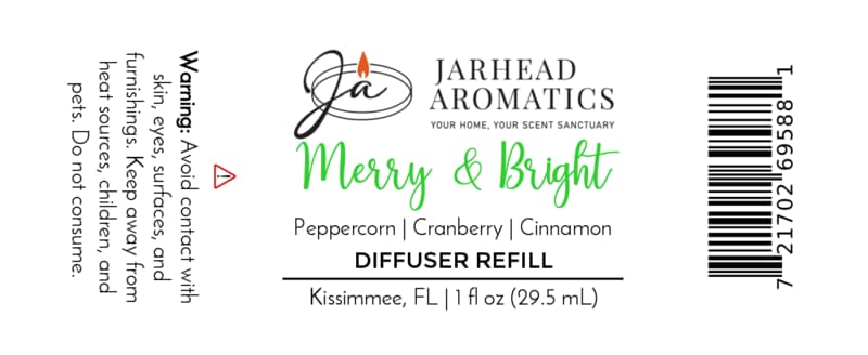 Product label for a Merry & Bright Car Diffuser Refill by Jarhead Aromatics, listing scent notes of peppercorn, cranberry, and cinnamon, with a warning to avoid contact with skin and eyes.