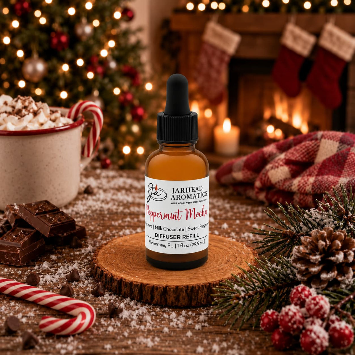 A Jarhead Aromatics Peppermint Mocha Car Diffuser Refill | Chocolate Mint bottle sits on a wood slice, surrounded by holiday decorations, a mug of hot cocoa, and chocolate pieces.