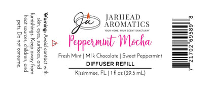 Product label for a Jarhead Aromatics Peppermint Mocha Car Diffuser Refill, featuring notes of fresh mint, milk chocolate, and sweet peppermint, with warning text and a barcode.