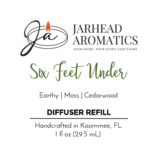 Jarhead Aromatics Six Feet Under - Car Diffuser Refill (Halloween Collection): Cemetery-inspired scent with earthy moss and cedarwood. Handcrafted in Kissimmee, FL. Size: 1 fl oz (29.5 mL). Logo features stylized Ja and flame.