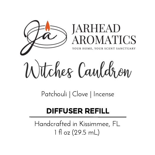 Jarhead Aromatics Witches Cauldron Car Diffuser Refill—Halloween Collection. Notes of patchouli, clove & incense. Handcrafted with essential oils in Kissimmee, FL. 1 fl oz (29.5 mL). Logo & decorative text included.