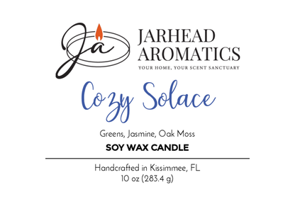 Jarhead Aromatics Cozy Solace Soy Wax Candle, Fall Collection: features fresh greens, jasmine, and oak moss. Handcrafted in Kissimmee, FL. Net wt 10 oz (283.4 g).