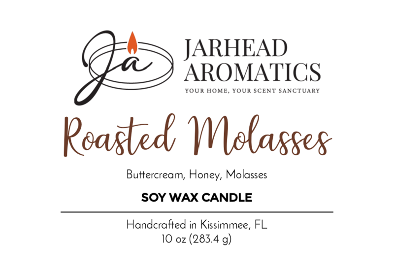 Jarhead Aromatics Roasted Molasses soy wax candle, 10 oz (283.4 g), features a flame logo and cozy fall notes of buttercream, honey, and caramelized molasses. Handcrafted in Kissimmee, FL.