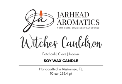 Witches Cauldron - Soy Wax Candle by Jarhead Aromatics, Halloween Collection. Handcrafted in Kissimmee, FL; 10 oz (283.4 g) with patchouli, clove & incense scent. Label features a witchs cauldron and a lit candle flame logo.