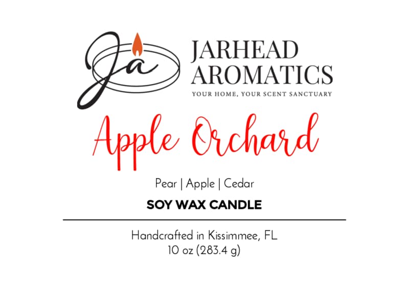 Handcrafted 10 oz. Apple Orchard Soy Wax Candle | Pear, Apple & Cedar from Jarhead Aromatics, featuring a fruity scent with notes of pear, apple, and cedar.