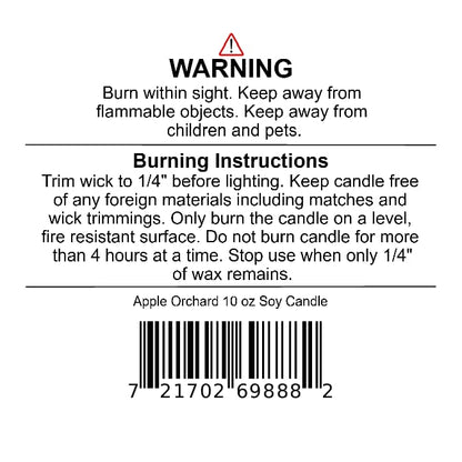 Product label for a Jarhead Aromatics Apple Orchard Soy Wax Candle | Pear, Apple & Cedar, featuring a warning, burning instructions, and a barcode.