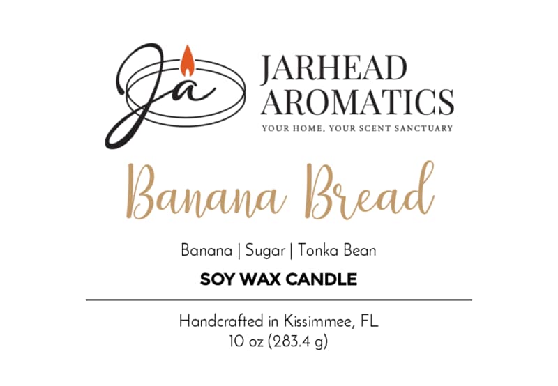 Product label for a Jarhead Aromatics Banana Bread Soy Wax Candle from Kissimmee, FL, featuring notes of banana, sugar, and tonka bean.