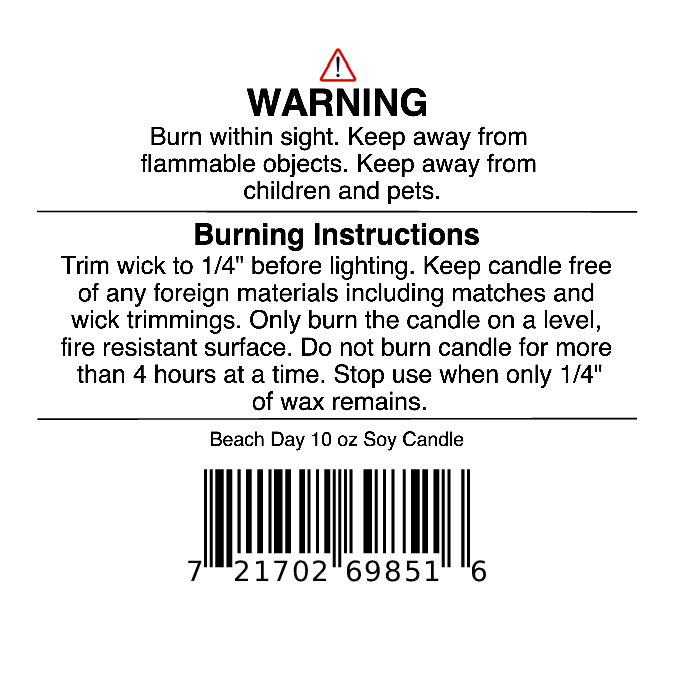 Candle warning label with burning instructions and a barcode. Instructions: Trim wick, keep away from flammable objects, children, and pets, and do not burn for more than 4 hours at a time. Burn your Jarhead Aromatics Beach Day Soy Wax Candle | Coconut, Citrus & Coastal Breeze Candle responsibly to enjoy its long-lasting scent inspired by refreshing coastal fragrances.
