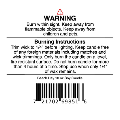 Candle warning label with burning instructions and a barcode. Instructions: Trim wick, keep away from flammable objects, children, and pets, and do not burn for more than 4 hours at a time. Burn your Jarhead Aromatics Beach Day Soy Wax Candle | Coconut, Citrus & Coastal Breeze Candle responsibly to enjoy its long-lasting scent inspired by refreshing coastal fragrances.