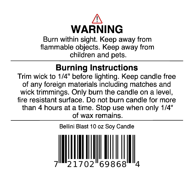 Warning and burning instructions label for the Jarhead Aromatics Bellini Blast Soy Wax Candle, scented with peach, mango, and tangerine. Includes safety warnings, wick trimming directions, and a barcode at the bottom.