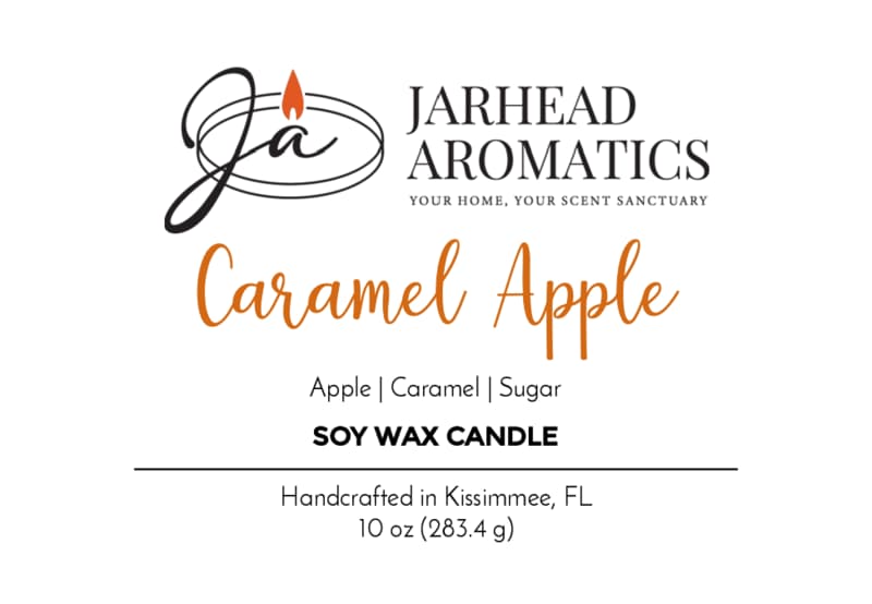 Jarhead Aromatics Caramel Apple Soy Wax Candle | Apple Cider, Caramel & Sugar Candle label for a 10 oz (283.4 g) soy wax candle handcrafted in Kissimmee, FL. This richly fragranced candle features gourmand notes of apple cider, caramel, and sugar, perfectly capturing the delicious essence of this classic treat.