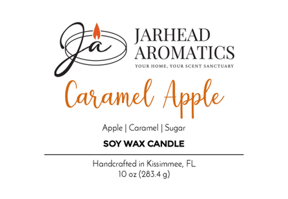 Jarhead Aromatics Caramel Apple - Soy Wax Candle features the scent of Granny Smith apples, caramel, and sugar. Handcrafted in Kissimmee, FL. Net wt: 10 oz (283.4 g).
