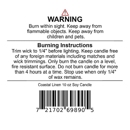 Warning and burning instructions label for a Jarhead Aromatics Coastal Linen Soy Wax Candle, featuring a barcode at the bottom.