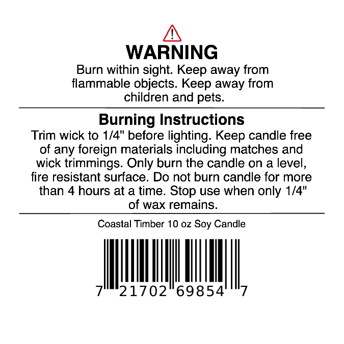 Candle warning label with safety instructions, burning directions, and a barcode. Text includes: trim wick to 1/4", keep away from children, pets, and flammable items, and do not burn for more than 4 hours. Ideal for use with your Jarhead Aromatics Coastal Timber Soy Wax Candle | Teakwood, Leather & Amber Candle to ensure safe enjoyment of its rich, woodsy aroma.