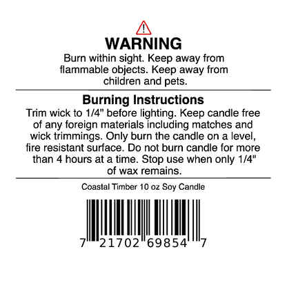 Candle warning label with safety instructions, burning directions, and a barcode. Text includes: trim wick to 1/4", keep away from children, pets, and flammable items, and do not burn for more than 4 hours. Ideal for use with your Jarhead Aromatics Coastal Timber Soy Wax Candle | Teakwood, Leather & Amber Candle to ensure safe enjoyment of its rich, woodsy aroma.
