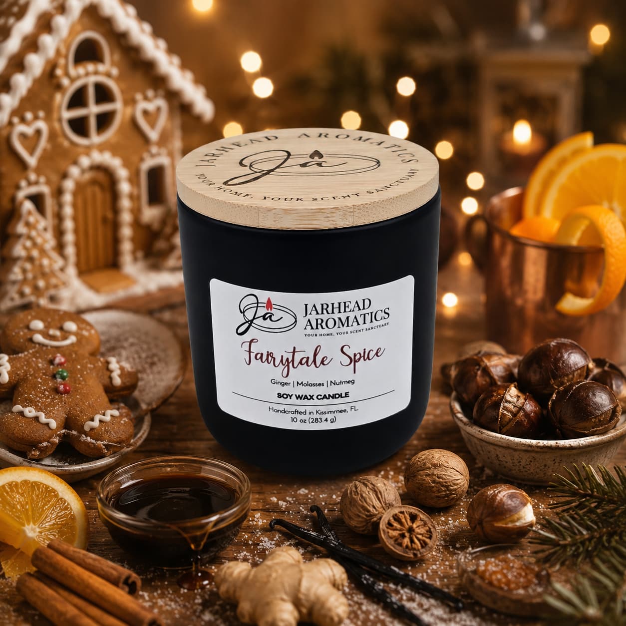 A Jarhead Aromatics Fairytale Spice Soy Wax Candle | Gingerbread, Cinnamon & Vanilla Candle sits on a table surrounded by spices, nuts, dried oranges, a gingerbread house, a gingerbread cookie, and festive holiday decorations in warm lighting. This inviting candle from Jarhead Aromatics fills the room with delightful notes of gingerbread, cinnamon, and vanilla for the perfect seasonal ambiance.