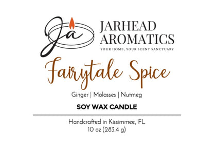 Jarhead Aromatics Fairytale Spice Soy Wax Candle | Gingerbread, Cinnamon & Vanilla features the warm, festive aroma of gingerbread, cinnamon, and vanilla—making it the perfect holiday-scented candle. Handcrafted in Kissimmee, FL. 10 oz (283.4g). Embellished with a stylized JA logo crowned by a flame.