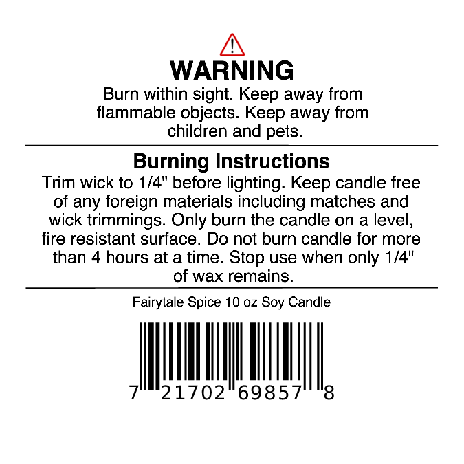 Candle warning label with safety and burning instructions, barcode, and guidance on trimming the wick, keeping out of reach of children, and burning only on a fire-resistant surface—ideal for your Jarhead Aromatics Fairytale Spice Soy Wax Candle (Gingerbread, Cinnamon & Vanilla).