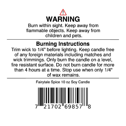 Candle warning label with safety and burning instructions, barcode, and guidance on trimming the wick, keeping out of reach of children, and burning only on a fire-resistant surface—ideal for your Jarhead Aromatics Fairytale Spice Soy Wax Candle (Gingerbread, Cinnamon & Vanilla).