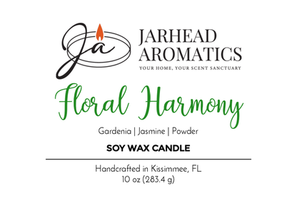 Jarhead Aromatics Floral Harmony Soy Wax Candle with a flame logo features a floral scent of gardenia, jasmine, and tuberose. Handcrafted in Kissimmee, FL. Net wt 10 oz (283.4 g).