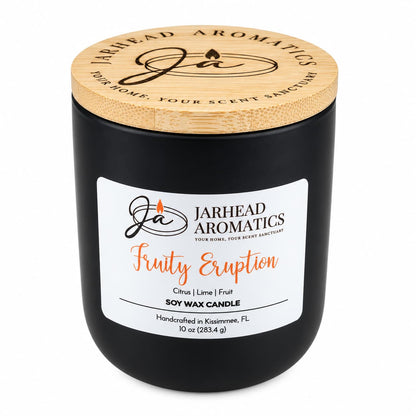 Black soy wax candle in a jar with a wooden lid, featuring a Fruity Eruption Soy Wax Candle | Citrus, Lime & Fruit label for a refreshing scent.