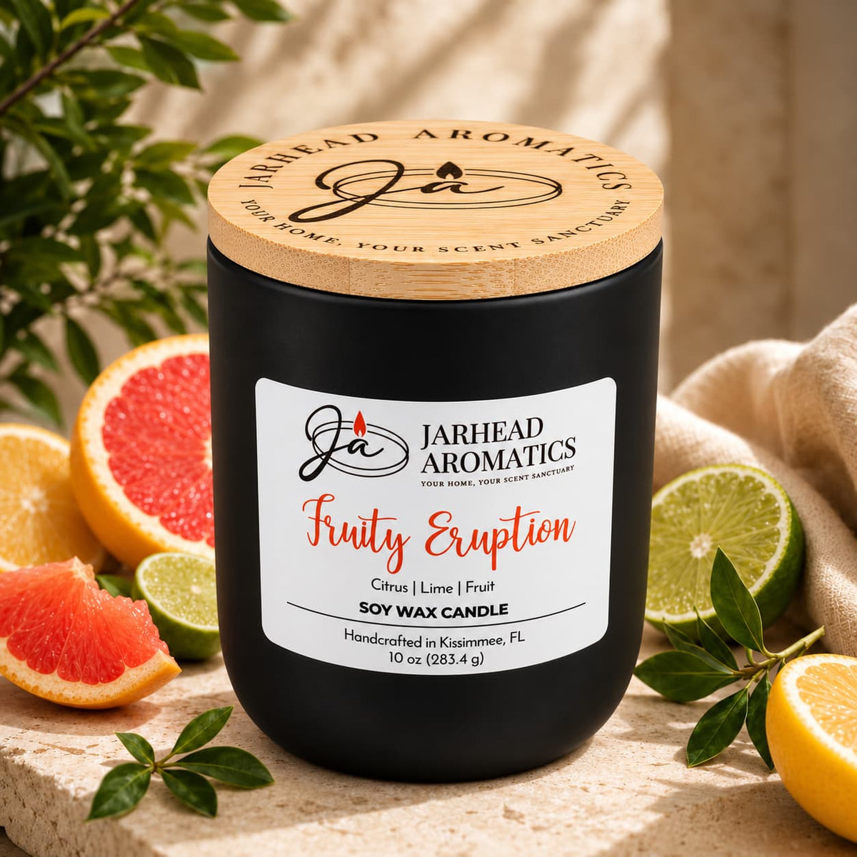 A black Fruity Eruption Soy Wax Candle with a wooden lid, surrounded by slices of grapefruit, lime, and lemon.