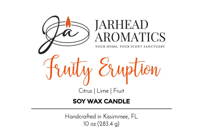 Product label for a Jarhead Aromatics Fruity Eruption Soy Wax Candle featuring scent notes of citrus, lime, and fruit.
