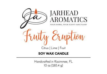 Product label for a Jarhead Aromatics Fruity Eruption Soy Wax Candle featuring scent notes of citrus, lime, and fruit.